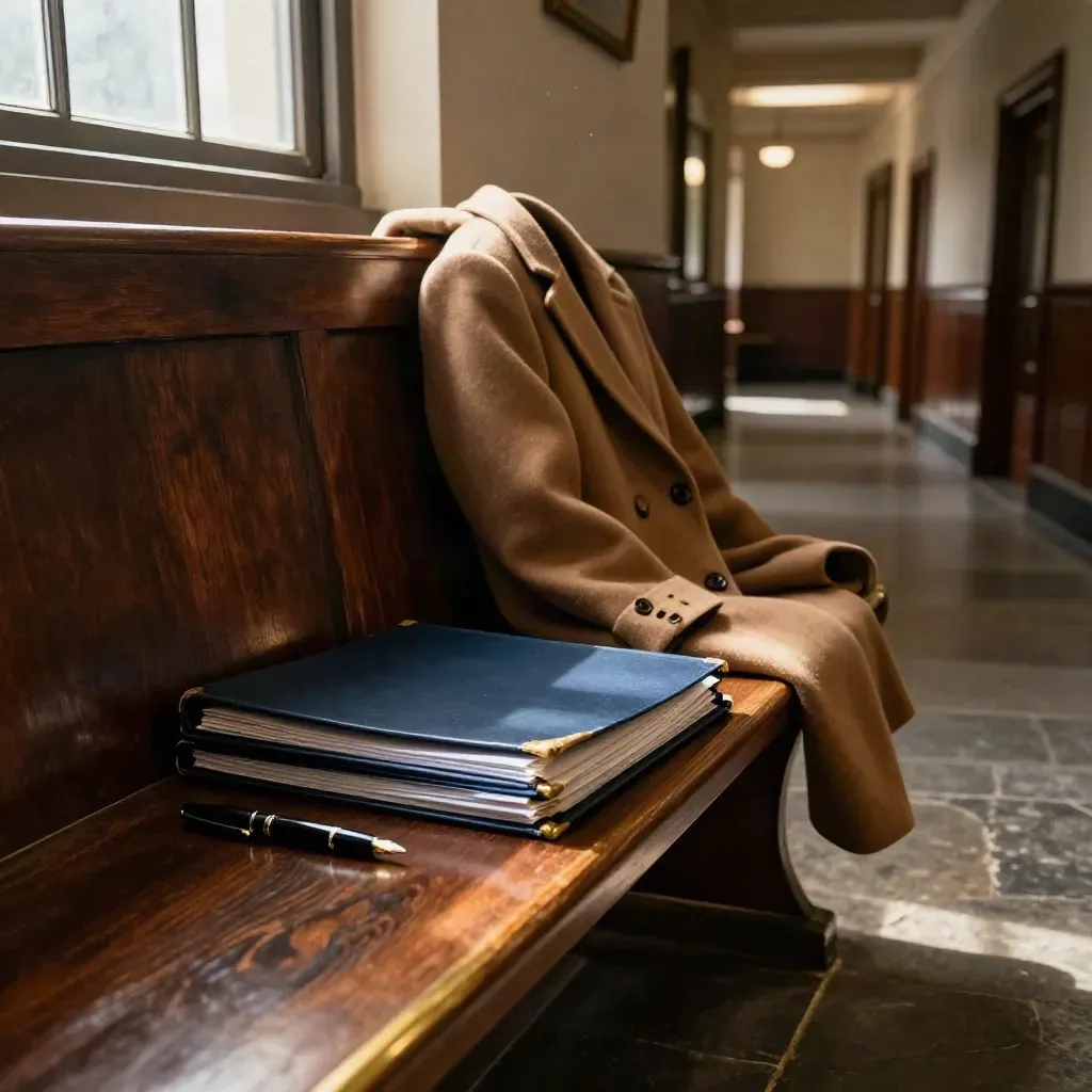 Courthouse hallway bench with motion folders, fountain pen and tan coat in warm late light