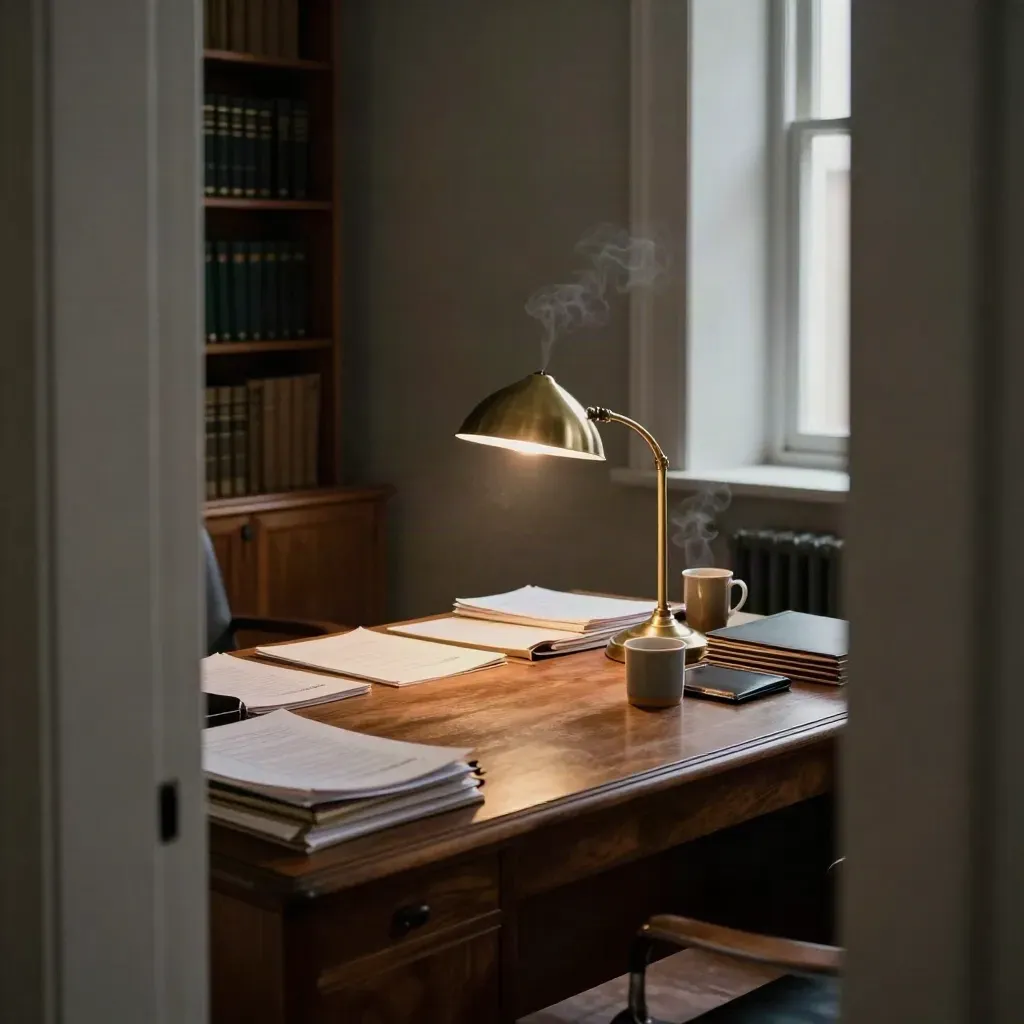 Warm after-hours law office desk with motion packets, lamp glow, mug steam, and legal folders.