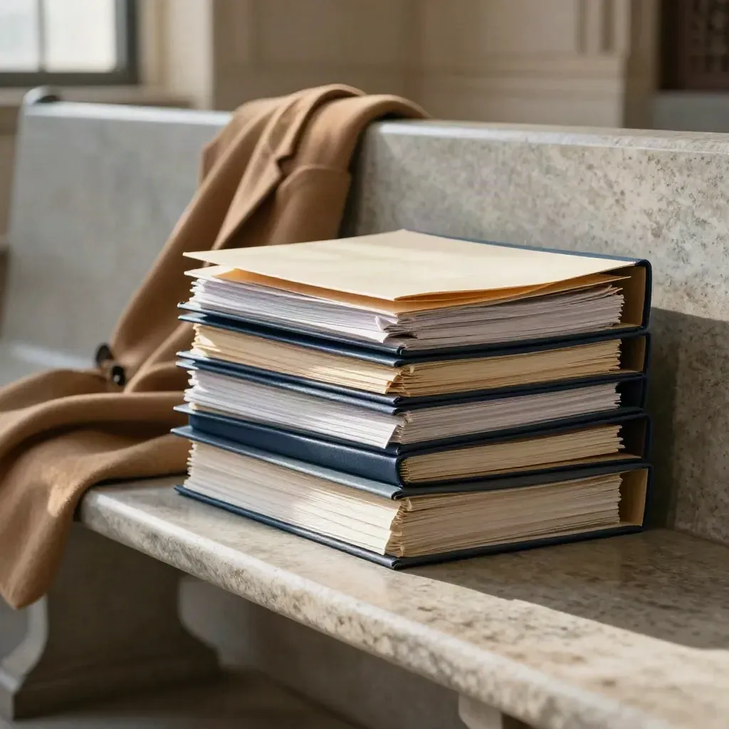 Courthouse bench with stacked legal folders, folded coat, and raking window shadow