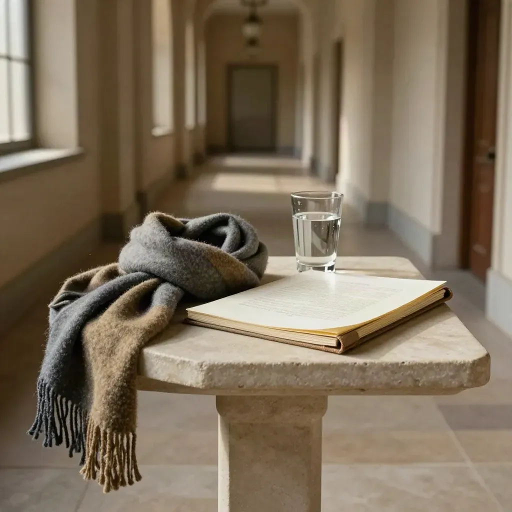 Closed transcript binder, water glass, and folded scarf on a courthouse corridor side table.