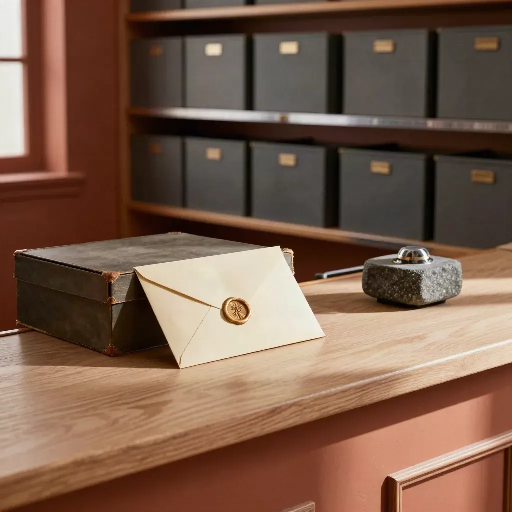 Wax-sealed envelope above archive box and stone paperweight in a dusty records room