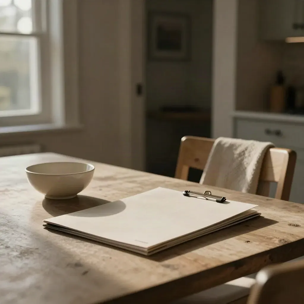 Dusk-lit kitchen table with a legal folder, ceramic bowl, folded throw, and an empty chair.