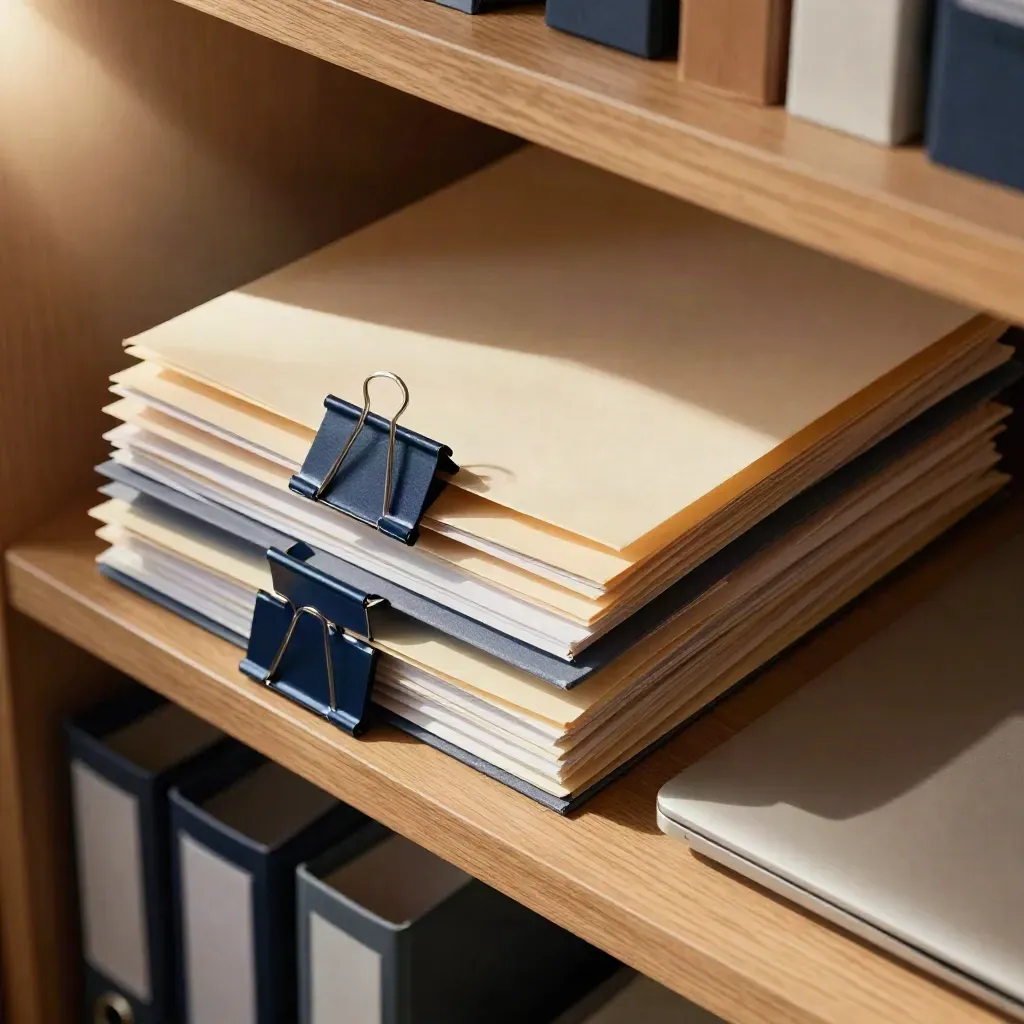 Clipped legal file packets and a closed laptop on a pale wood shelf in warm afternoon light.