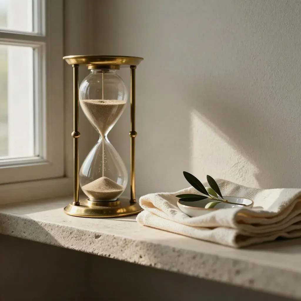 Brass hourglass on stone shelf with cloth and olive sprig, lit by soft window glow.