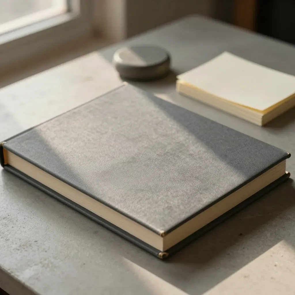 Low macro of a slate-gray judgment binder, stone paperweight and folded memo cards on a pale desk.