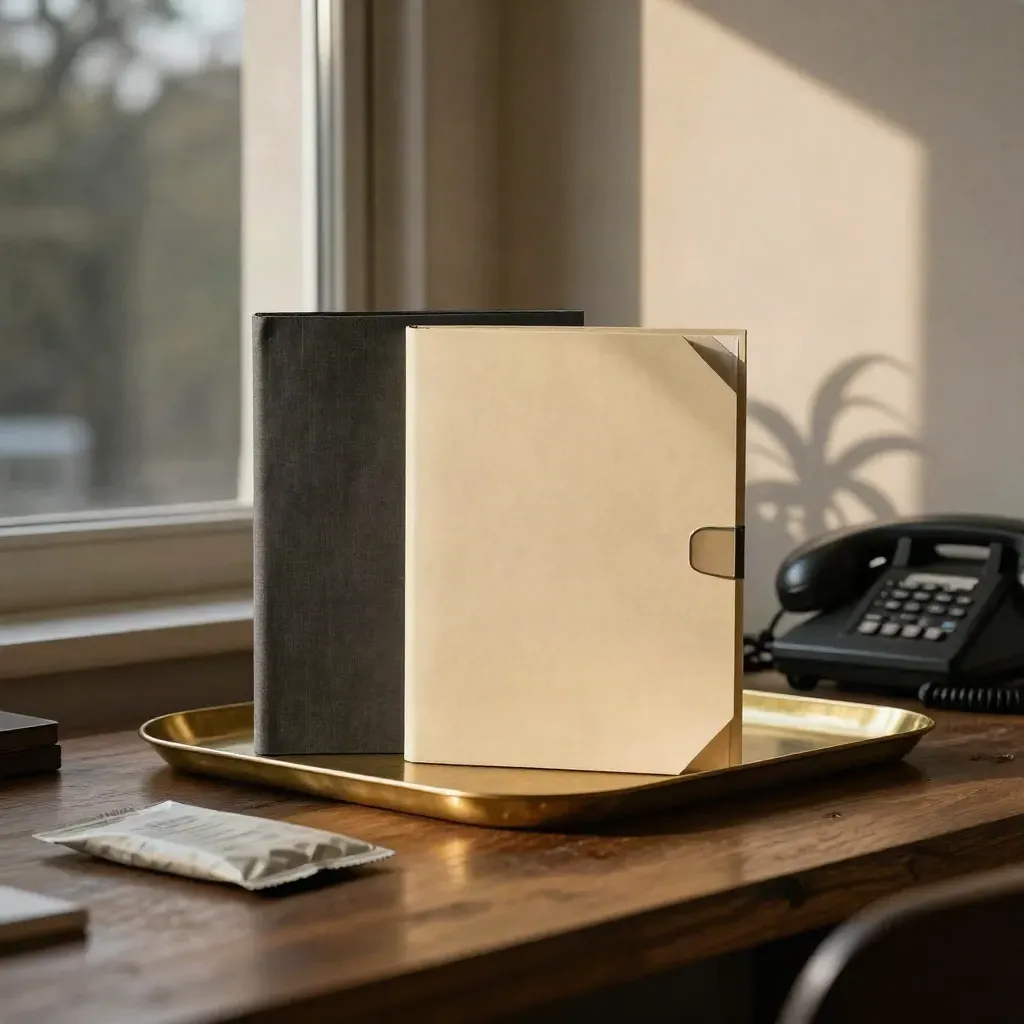 Closed legal folders beside a brass tray by a window, with a plant shadow on plaster.