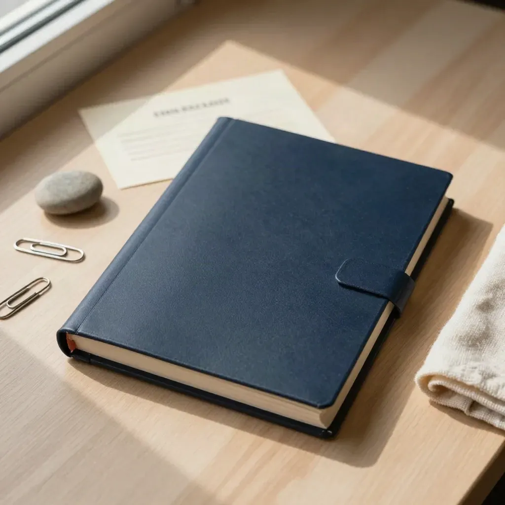 Closed navy legal binder, paperclips, stone weight and folded wool cloth on pale oak.