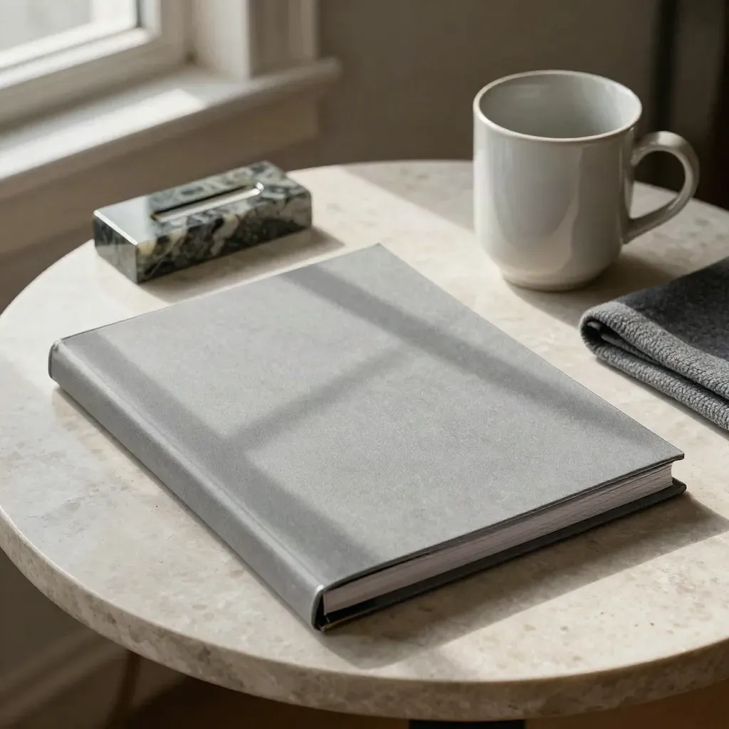Judgment binder, stone paperweight, and ceramic cup on a plaster side table with soft window light.