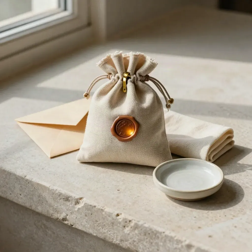 Overhead still life of a wax-sealed envelope, linen pouch, brass clip, cloth, and stone dish.