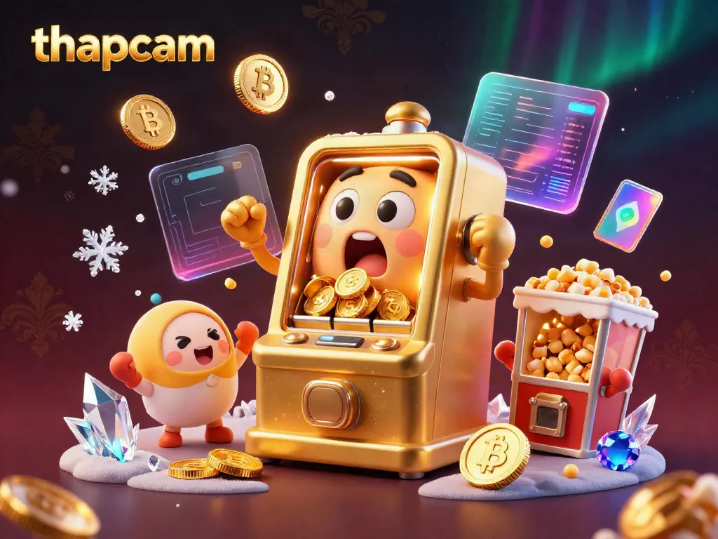 Experience thapcam's vibrant 3D illustration of a golden slot machine celebrating a jackpot.