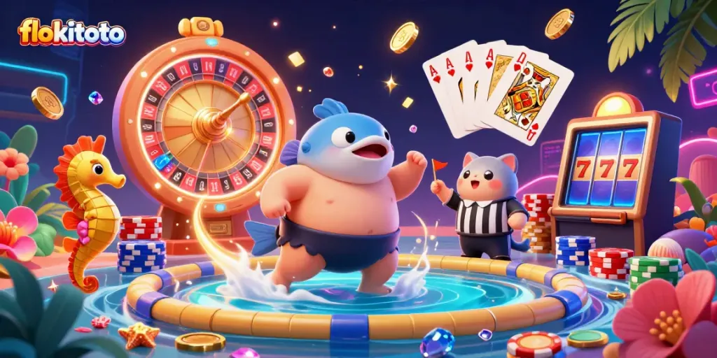 Experience the thrill of flokitoto with vibrant underwater casino action featuring a dynamic fugu, referee, and treasure elements.