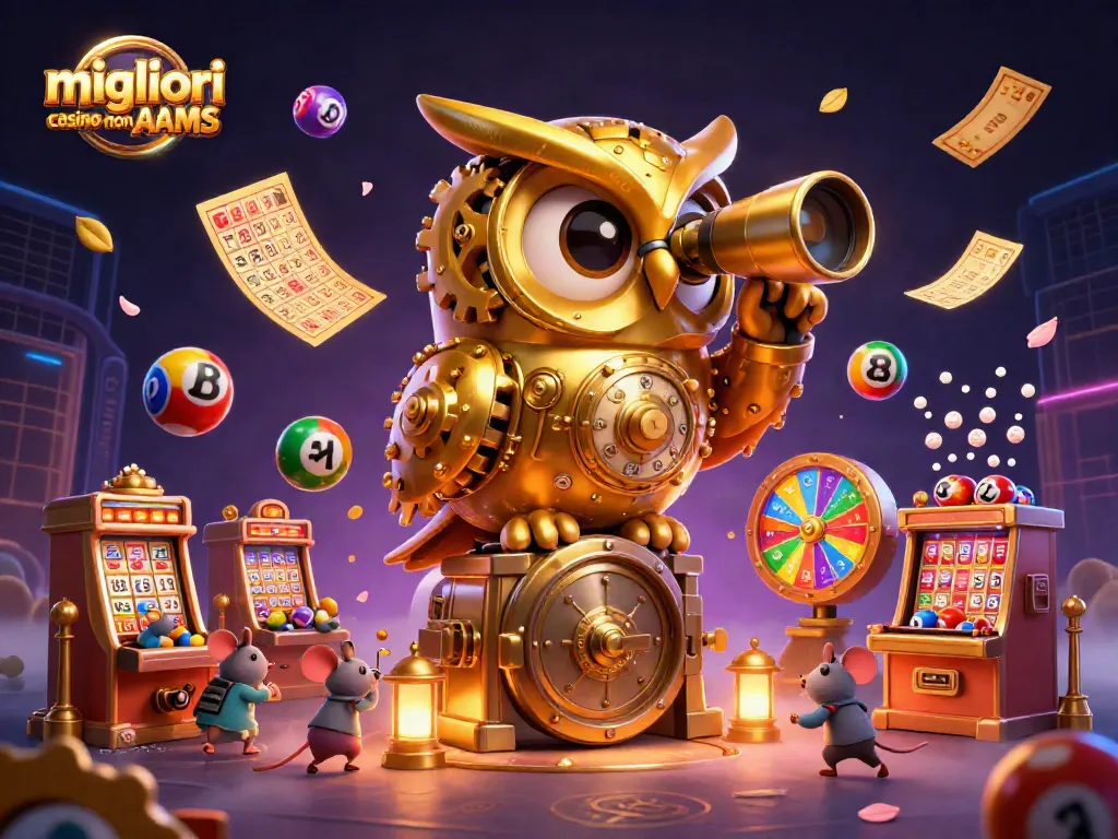 Scopri i migliori casino non AAMS con un gufo d'orologio che scruta un pavimento da casinò.
