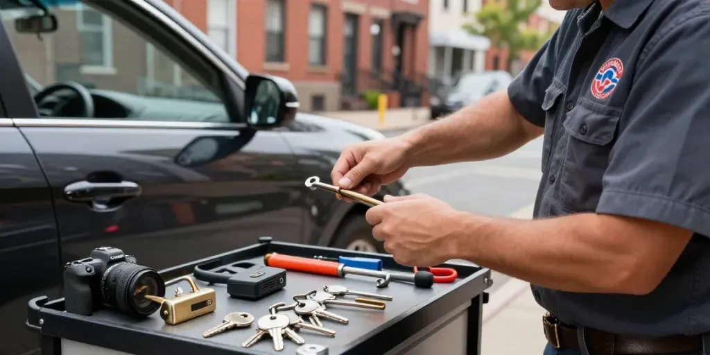 Expert locksmith in Philadelphia unlocking a car door with tools, illustrating professional skills and urban setting.