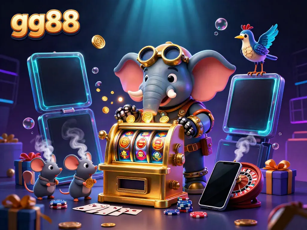 Experience thrilling wins at gg88 with a vibrant steampunk-themed casino scene full of gaming elements and excitement.