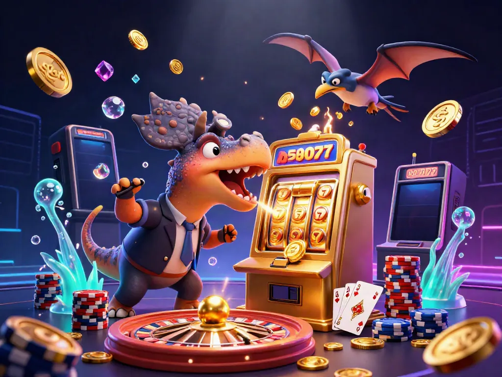 Slot machine jackpot scene featuring cartoon dinosaurs and cascading coins.