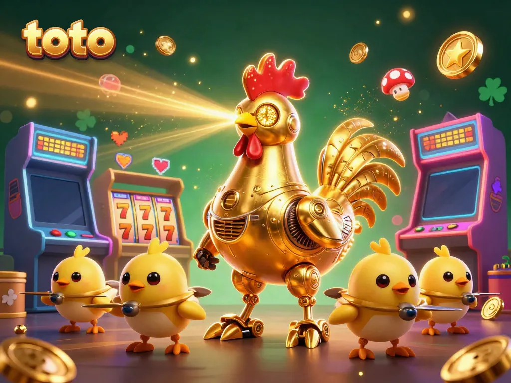 Experience the vibrant charm of toto with a golden rooster robot amidst casino games in a 3D illustration.