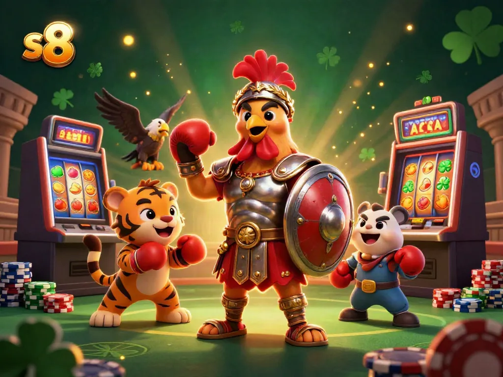 s8 platform showcases an interactive scene with a rooster and a tiger cub amidst vibrant slot machines and casino elements.