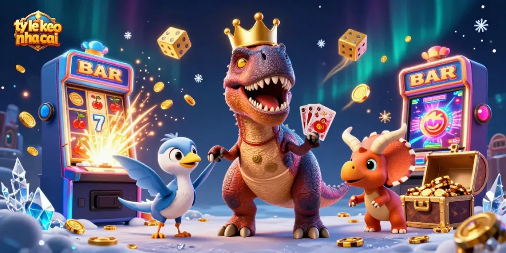 Engaging scene of a T-Rex shuffling cards while exploring ty le keo nha cai in a vibrant casino atmosphere filled with jackpots and excitement.