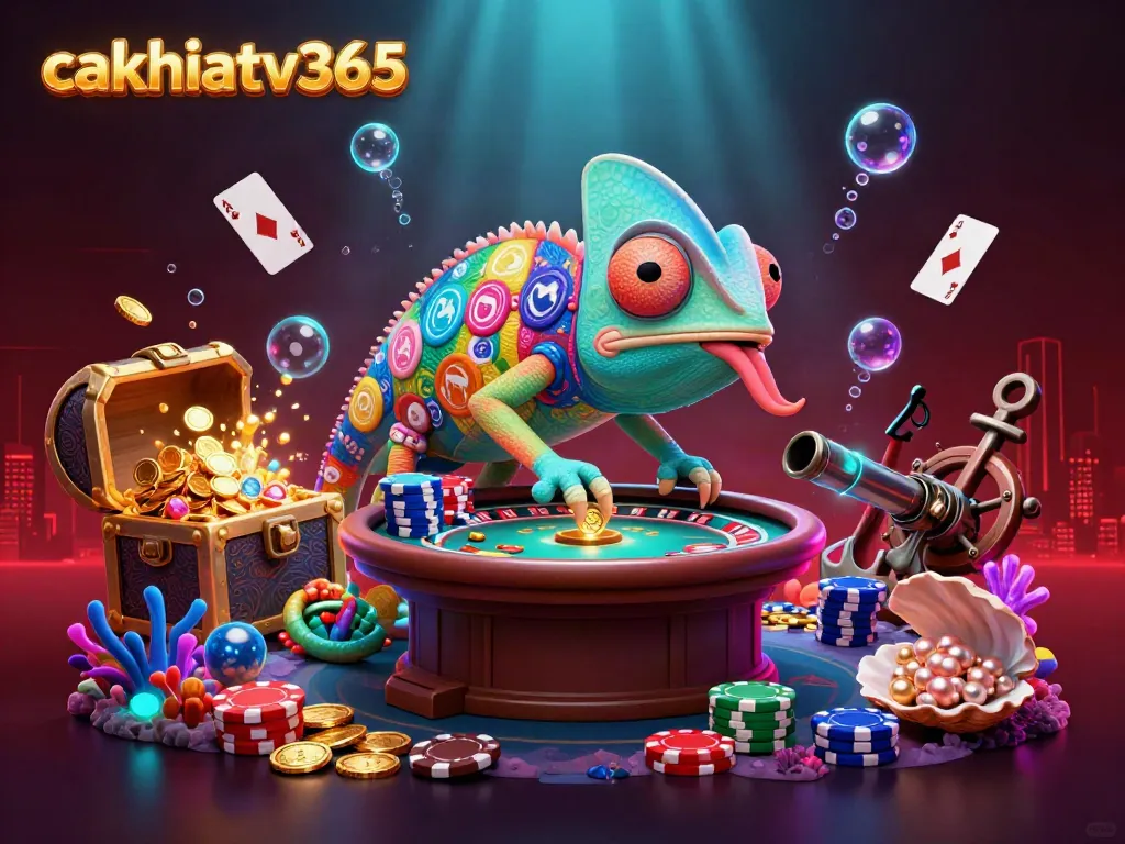Cakhiatv365, a chameleon casino owner, watches over a vibrant underwater scene filled with treasures and playful gaming elements.