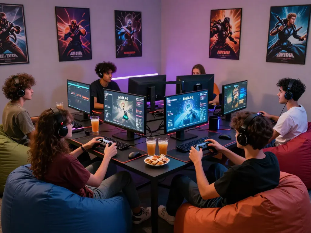 Friends gaming together online using AHHA 4D platform in a vibrant room.