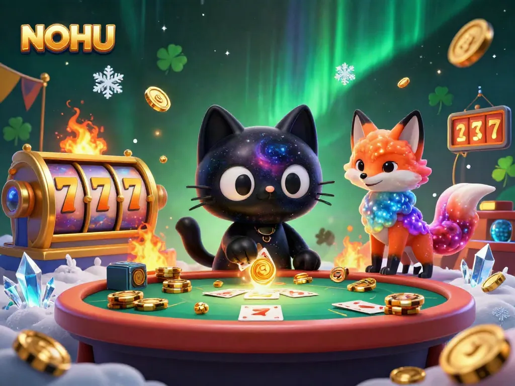 Experience the thrill of NOHU with this dynamic online casino scene featuring a black hole cat at a cosmic table.