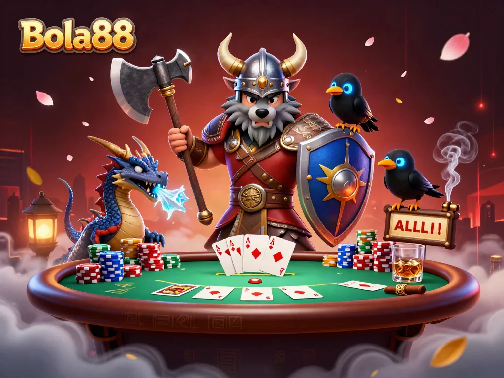 Bola88 Viking wolf warrior at poker table with colorful chips and cards in a dynamic casino scene.