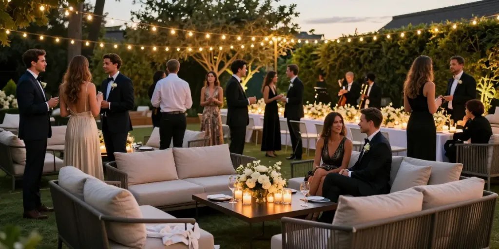 Event rentals enhancing a sophisticated outdoor celebration with elegant seating and lighting.