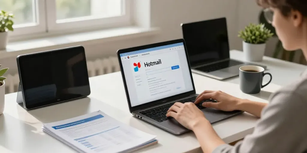 Person seeking Hotmail support Canada in a cozy home office with technical guides.