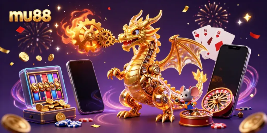 Play and win with mu88 in this dynamic 3D illustration featuring a golden dragon and casino elements.