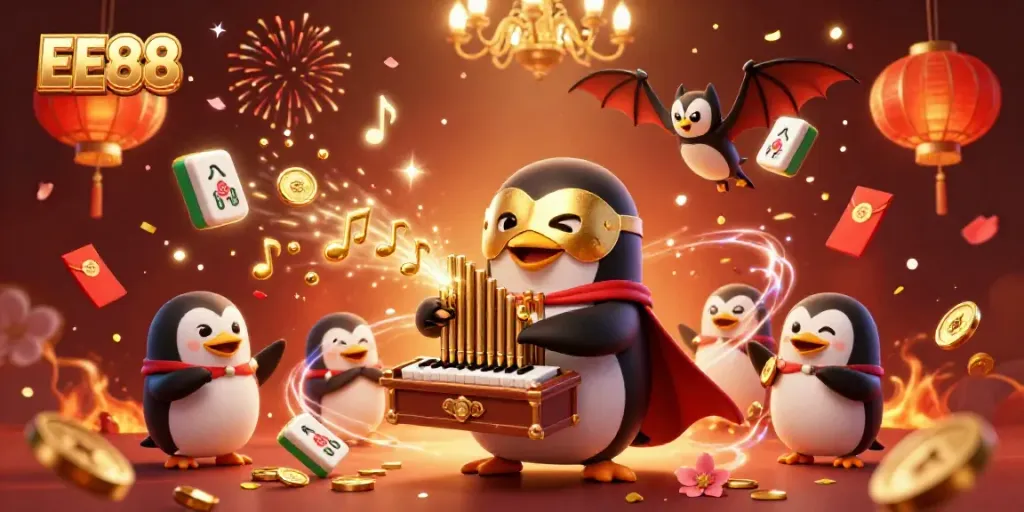 Experience thrilling gameplay at EE88 with a vibrant 3D casino scene filled with animated action and festive elements.