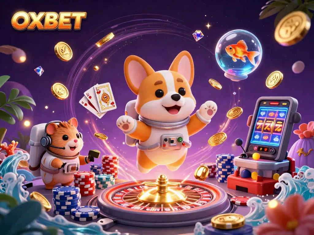 Play games and win with OXBET in a vibrant 3D casino scene featuring a corgi astronaut.