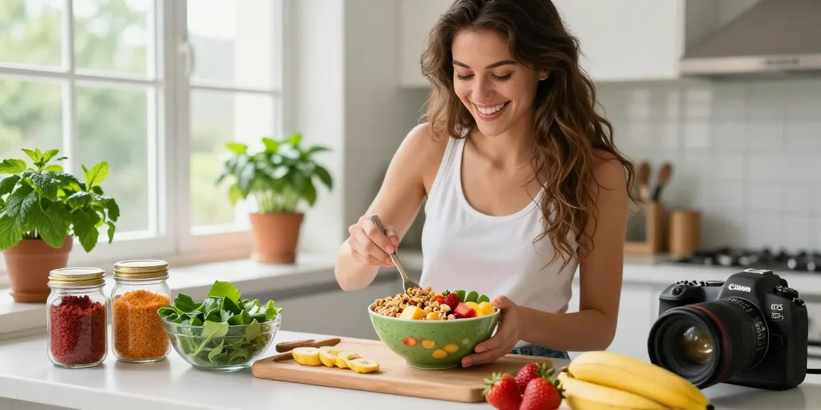 Vegan astaxanthin smoothie preparation with vibrant fruits and greens in a sunny kitchen.