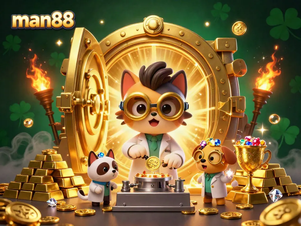 Play games at man88 and experience thrilling jackpots and golden treasure in this vibrant casino illustration.