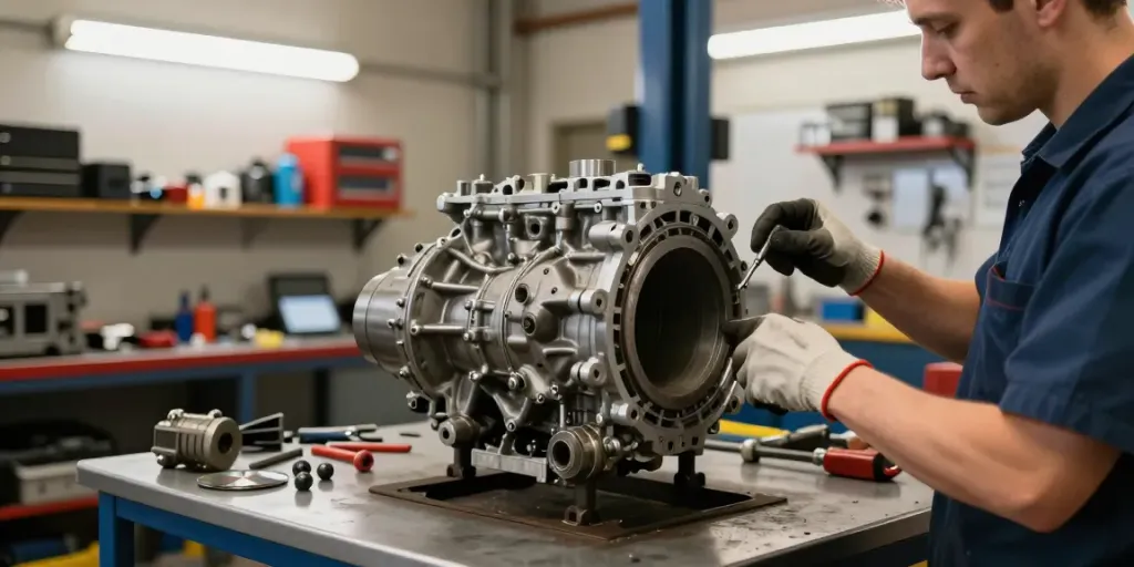 Mechanic examining a CD009 transmission in an automotive workshop.