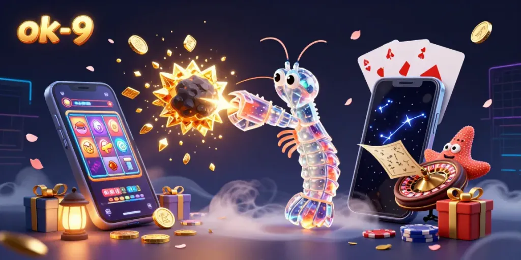 Engage in winning spins at ok-9 with a vibrant 3D scene of samurai mantis shrimp amid dynamic casino elements.
