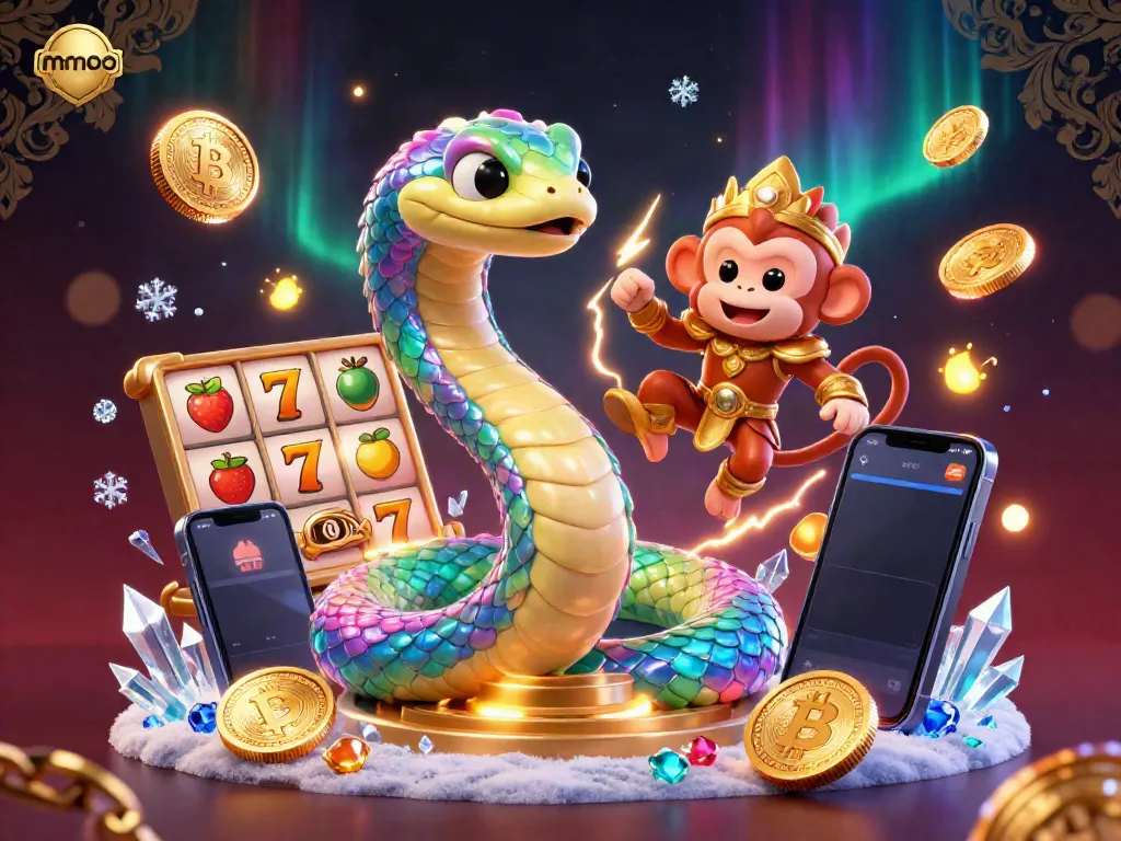 Engage in thrilling mmoo slots with vibrant characters like a rainbow serpent and monkey king amid dynamic casino elements.