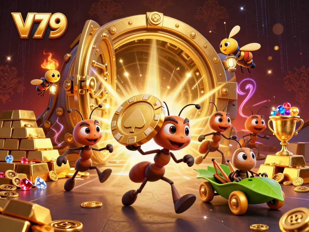 Ants carrying a giant poker chip in a vibrant V79 casino heist scene filled with sparkling treasures.