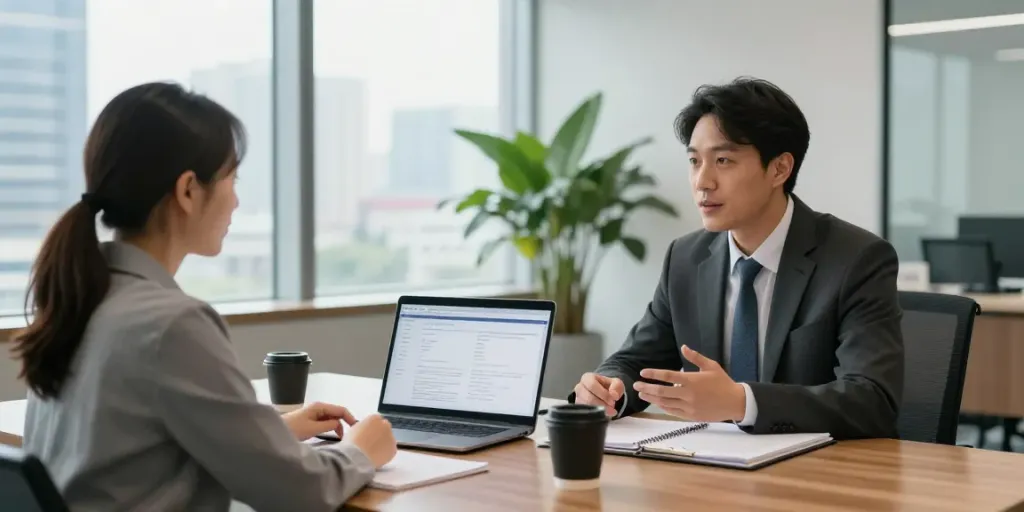 Finance Broker in Brisbane consulting clients about loan options in a modern office.