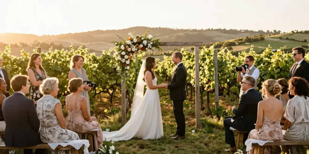 Intimate ceremony captured by Hunter Valley wedding photographers amidst rolling vineyards during golden hour.