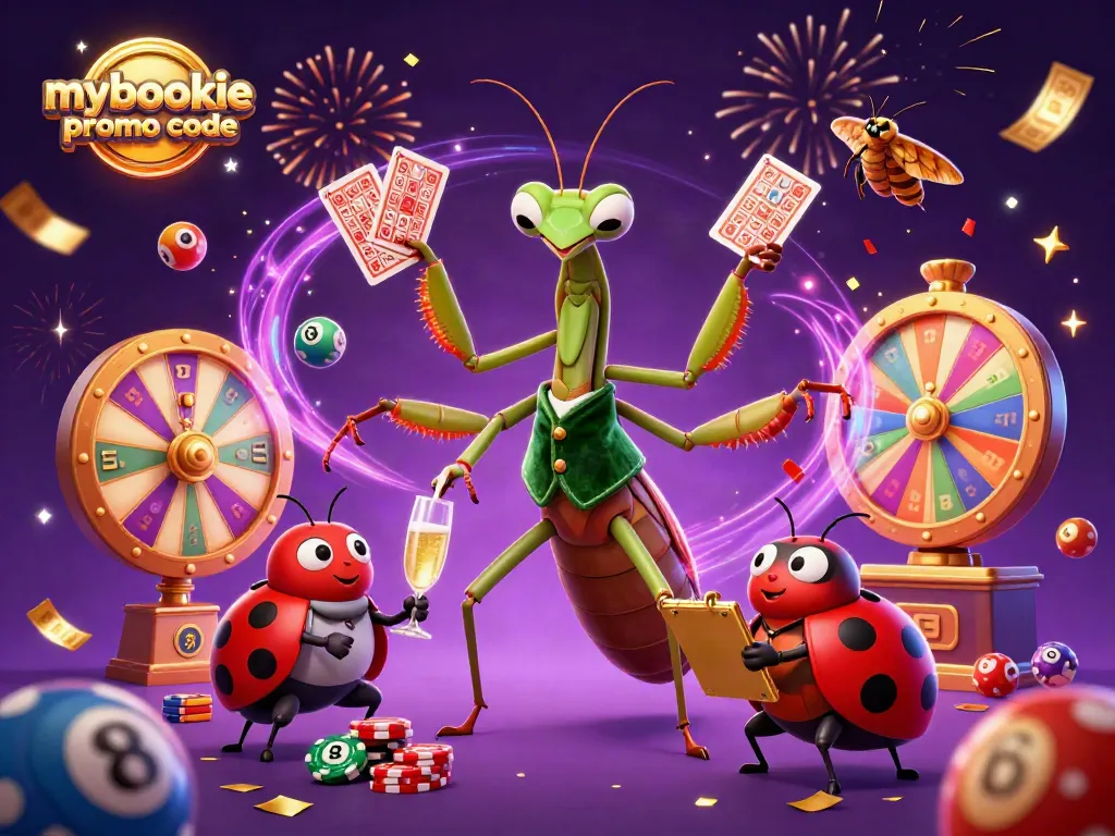Engage with the energetic scene showcasing mybookie promo code while the giant mantis sharp deals cards in a vibrant casino environment.