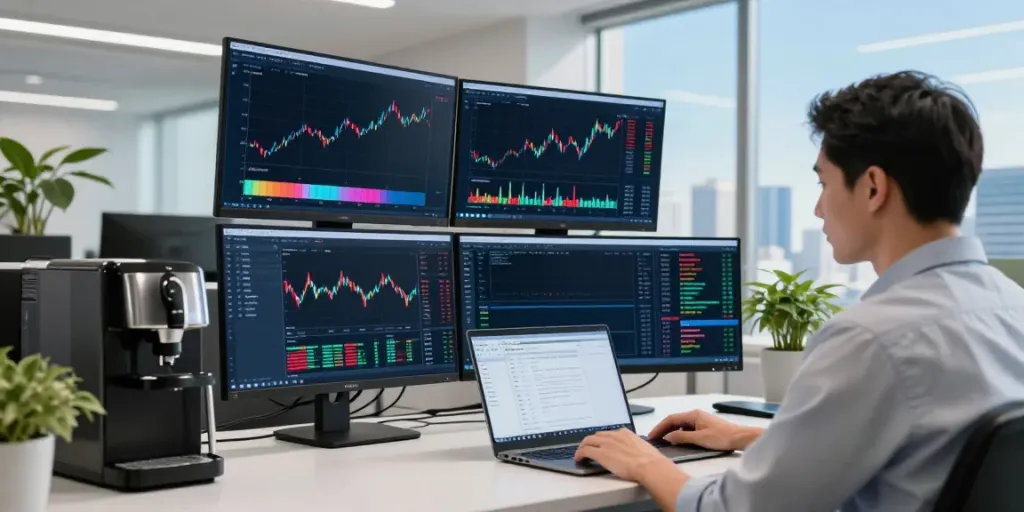Trader using MetaTrader 5 to analyze financial markets in a modern office.