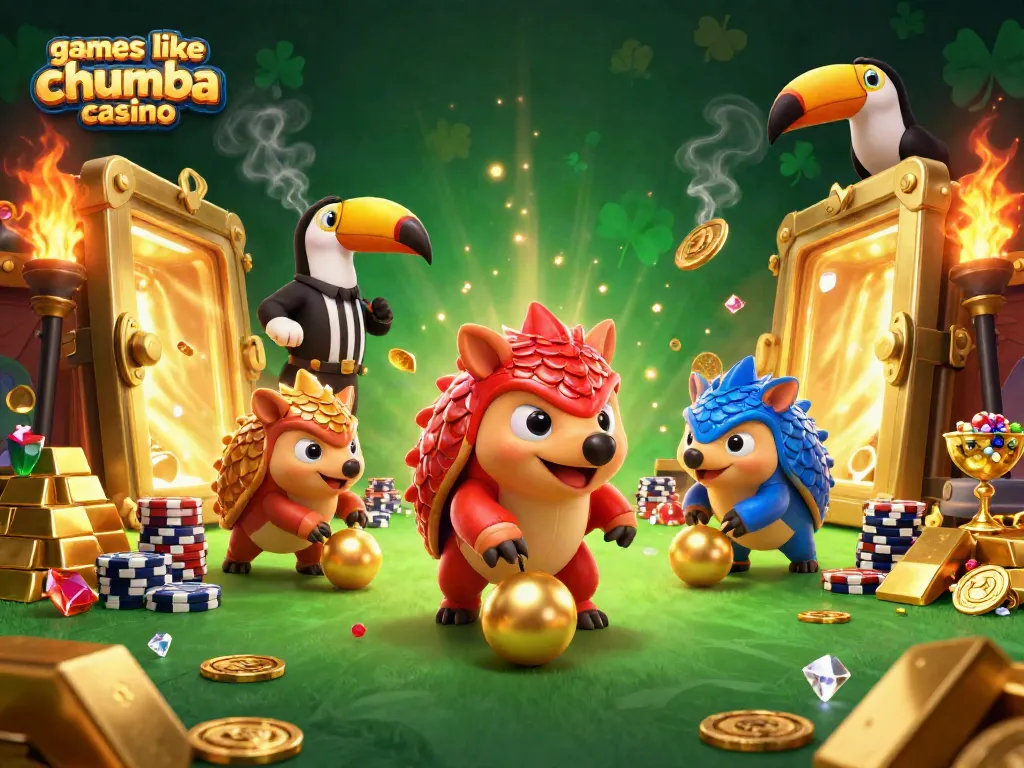 Engage in games like Chumba Casino with vibrant pangolin characters amidst golden chips and treasures.