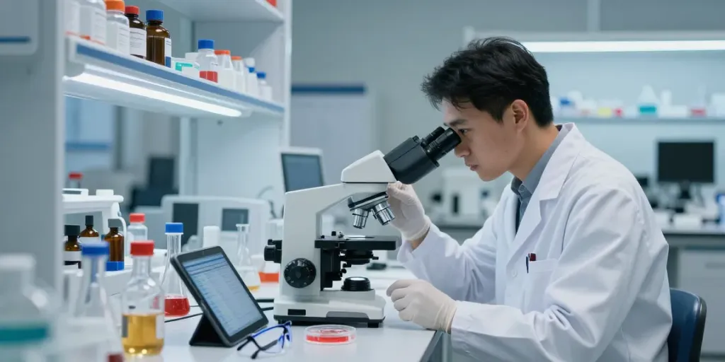 Researcher analyzing cjcipa peptides in a modern lab with advanced equipment.