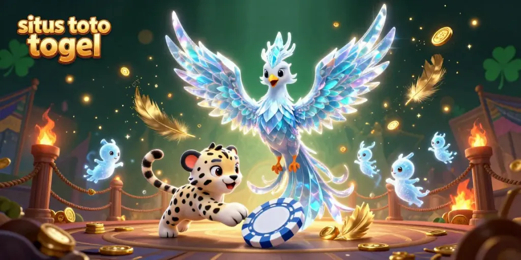 Experience the excitement of situs toto togel with a lively 3D illustration featuring a vibrant ice phoenix and glowing sprites.