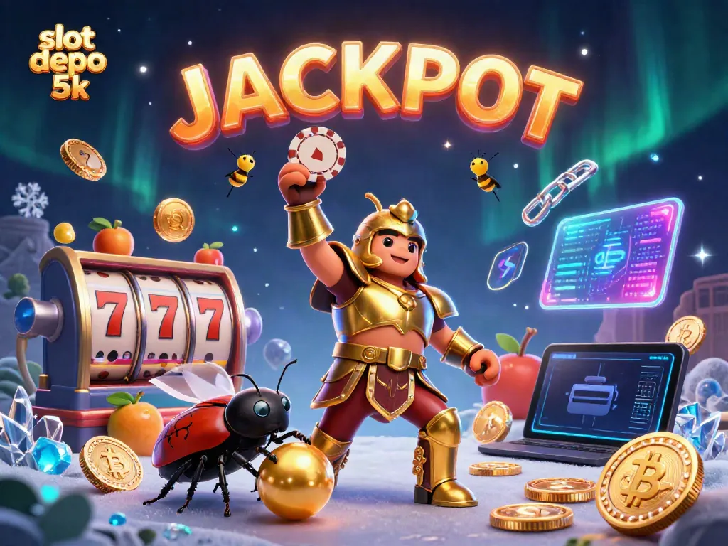 Win big with slot depo 5k as a beetle hero celebrates a jackpot victory in vibrant casino scene.