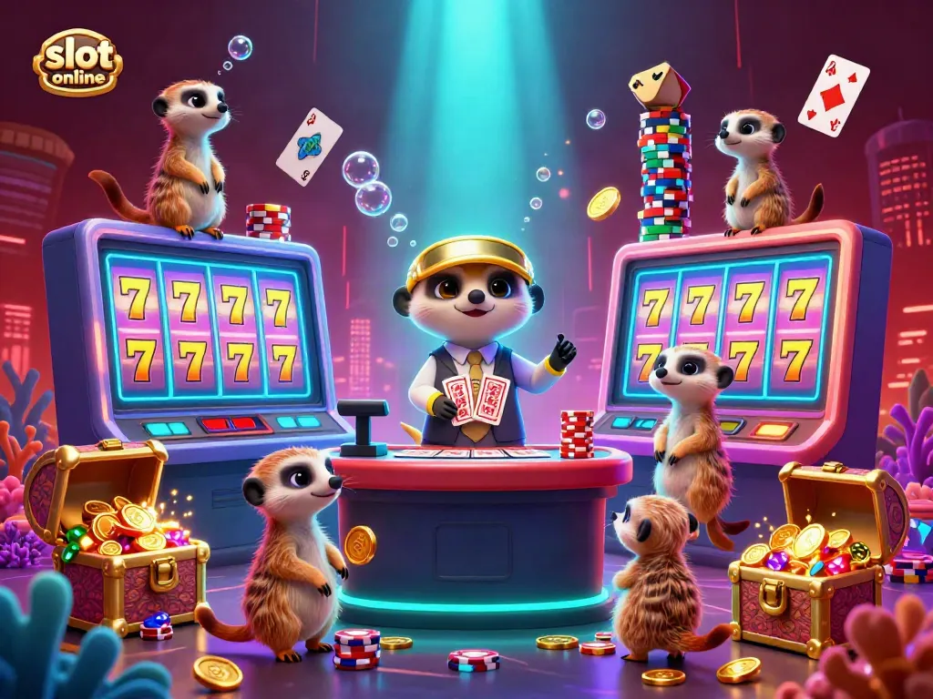 Engaging slot online casino scene with meerkats managing a colorful gaming experience.