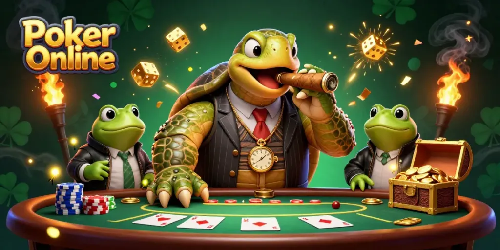Experience Poker Online excitement with a lively scene including a snapping turtle and poker elements.