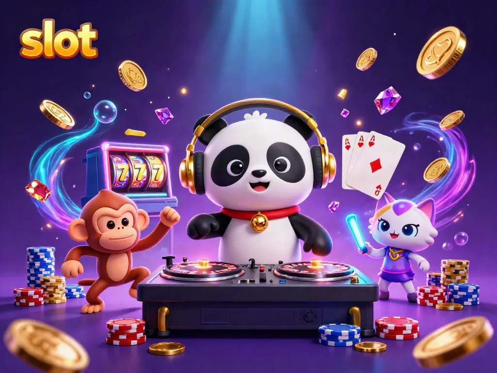 Slot menghadirkan suasana kasino dengan panda DJ dan kucing dalam suasana pesta, dikelilingi koin emas dan batu permata.