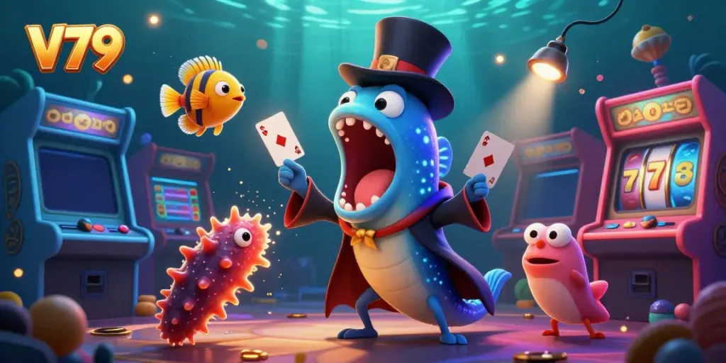 Experience the thrilling magic of V79's underwater casino with vibrant characters and engaging gameplay elements.