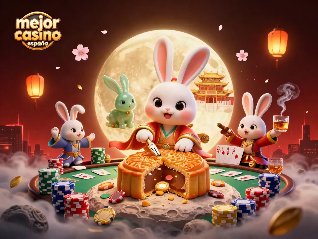 Juega en el mejor casino online España con esta ilustración vibrante y dinámica de un conejo de la luna y mesas de póker.